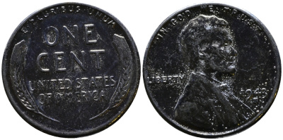 США 1 цент 1943 S (Сан-Франциско), Авраам Линкольн KM 132 a сталь плакированная цинком 4392-1125
