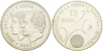 Испания 12 евро 2002 Карлос и София, Председательство Испании в Евросоюзе KM 1049 серебро UNC 1521-1145