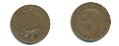Великобритания 1/2 пенни 1941 Георг VI (1936-1952) KM 844, Spink 4115 бронза 59-1015