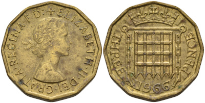 Великобритания 3 пенса 1966 Елизавета II (1952-2022) KM 900, Spink 4153 никель латунь 4603-141
