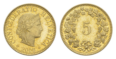 Швейцария 5 раппенов 2008 B KM 26c алюминиевая бронза 4532-1024