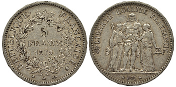 Франция 5 франков 1875 А, Геракл с богинями равенства и братства KM 820.1 серебро    1530-1022