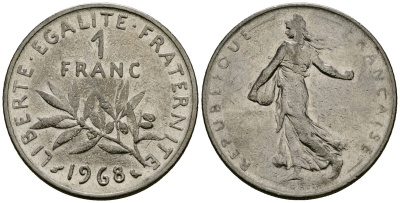 Франция 1 франк 1968 сеятель KM 925 никель 4135-824