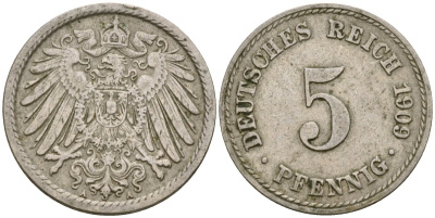 Германия 5 пфеннигов 1909 A KM 11 медно-никель 4516-568