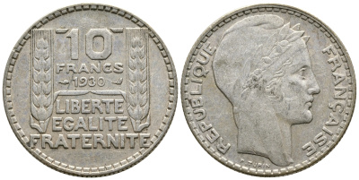 Франция 10 франков 1930 Пьер Тюрен KM 878, Le Franc 360.3 серебро 79-321