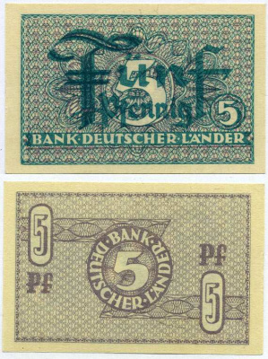 ФРГ 5 ПФЕННИГОВ 1948 BANK DEUTSCHER LANDER Pick 11a, Rosenberg 250b бумага UNC (ПРЕСС) 8613-15-1-1