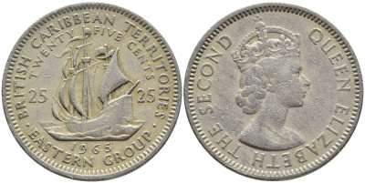Британские Восточно-Карибские территории 25 центов 1965 Елизавета II (1952-2022), парусник KM 6 медно-никель 83-1716