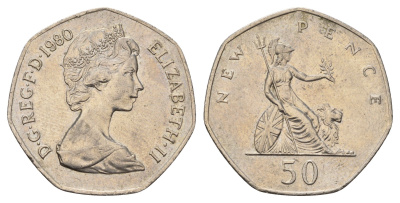 Великобритания 50 пенсов 1980 Елизавета II (1952-2022) KM 913, Spink 4223 (H1) медно-никель 3851-631