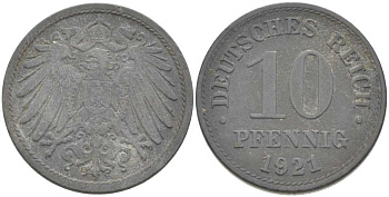 ГЕРМАНИЯ 10 ПФЕННИГОВ 1921 (1917-1922) KM 26, J. 299, Weege 8 цинк 210-254