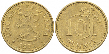 ФИНЛЯНДИЯ 10 ПЕННИ 1972 S КМ 46 алюминиевая бронза 3309-269