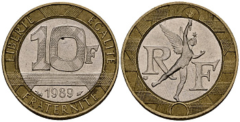 Франция 10 франков 1989 тип гений Бастилии KM 964.1, Le Franc 375.3 биметалл 4138-322
