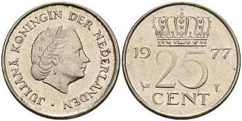 Нидерланды 25 центов 1977 Юлиана (1948-1980) KM 183 никель  4598-519