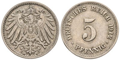 Германия 5 пфеннигов 1912 A, KM 11, J. 12 медно-никель 220-634