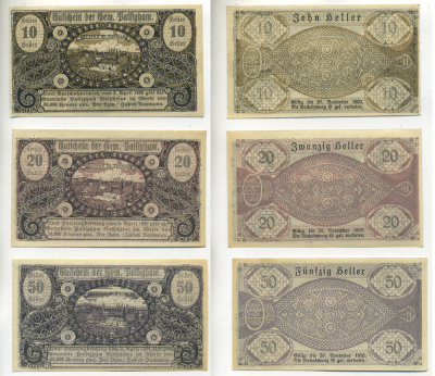 АВСТРИЯ НАБОР ИЗ 3 БАНКНОТ 1920 3 АПРЕЛЯ 1920-30 ДЕКАБРЯ 1920, НОТГЕЛЬД, 10, 20, 50 ГЕЛЛЕРОВ, BATTIGHAM бумага XF 6279-9-3-2