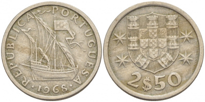 ПОРТУГАЛИЯ 2,5 ЭСКУДО 1968 ПАРУСНИК KM 590 медно-никель 3851-1058