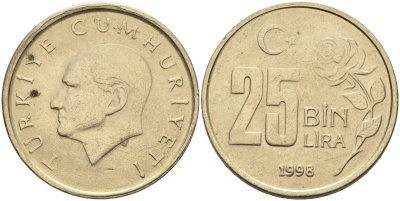 Турция 25000 лир 1998 Мустафа Кемаль Ататюрк KM 1041 медь цинк никель 4595-536