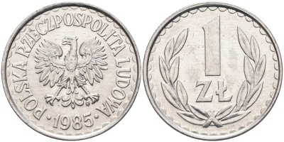 Польша 1 злотый 1985 MW, Народная Республика KM 49.1, Parchimowicz 213x алюминий UNC 4364-2116