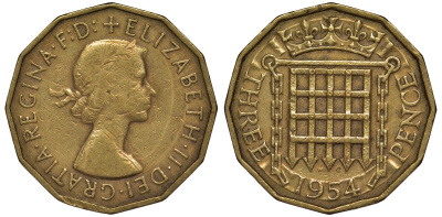 Великобритания 3 пенса 1954 Елизавета II (1952-2022) KM 900, Spink 4153 никель латунь 4128-836