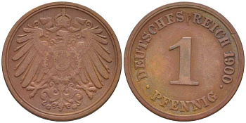 ГЕРМАНИЯ 1 ПФЕННИГ 1900 G KM 10, J. 10, Weege 2 медь 211-253