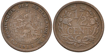 Нидерланды 1/2 цента 1912 Вильгельмина (1890-1948) KM 138 бронза 4576-345