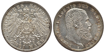 Вюртемберг 2 марки 1899 F, Вильгельм II (1891-1918) Weege 170, J. 174, KM 631 серебро 413-4823