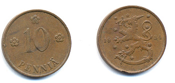 Финляндия 10 пенни 1934 республика (1918-1962) KM 24 медь 51-5342