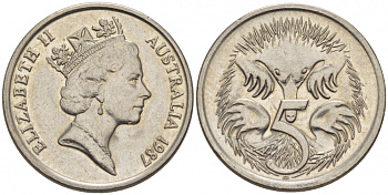 АВСТРАЛИЯ 5 ЦЕНТОВ 1987 ЕЛИЗАВЕТА II, ВТОРОЙ ПОРТРЕТ В КОРОНЕ, ЕХИДНА KM 80 медно-никель 39-1268