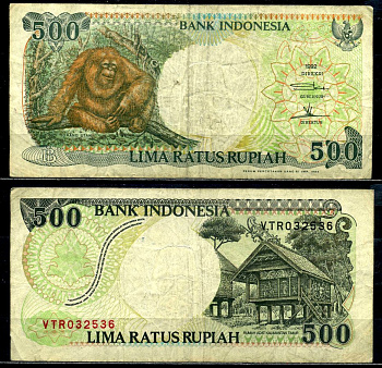 Индонезия 500 рупий 1992/1994 орангутан Pick 128с бумага 8602-20-3-2
