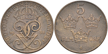 Швеция 5 эре 1938 Густав V (1907-1950) KM 779.2 бронза 4557-636