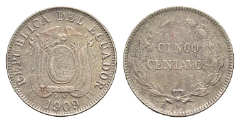 Эквадор 5 сентаво 1909 H KM 60.1 медно-никель 1528-1342