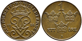 Швеция 1 эре 1928 Густав V (1907-1950) KM 777.2 бронза 4396-217