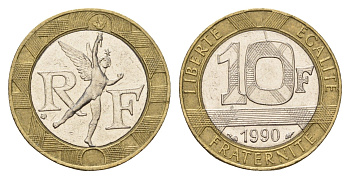 Франция 10 франков 1990 тип Гений Бастилии KM 964.1, Le Frank 375.5 биметалл 4118-627