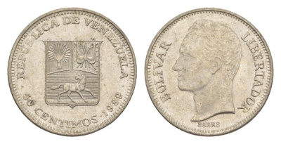 Венесуэла 50 сентимо 1989 Симон Боливар Y 41a сталь плакированная никелем 4584-345