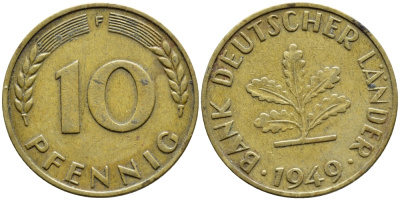 ФРГ 10 ПФЕННИГОВ 1949 F KM 103, J.378 сталь плакированная латунью 54-2123