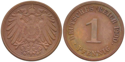 ГЕРМАНИЯ 1 ПФЕННИГ 1900 G KM 10, J. 10, Weege 2 медь 211-253