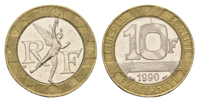 Франция 10 франков 1990 тип Гений Бастилии KM 964.1, Le Frank 375.5 биметалл 4118-627