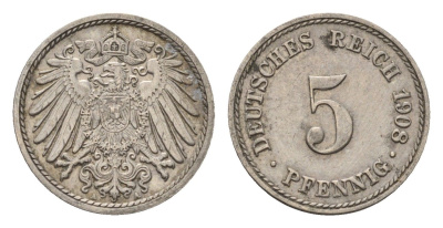 Германия 5 пфеннигов 1908 A KM 11, J. 12 медно-никель 4696-644