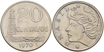 Бразилия 20 сентаво 1970 голова Свободы влево KM 579.2, Schon 84a медно-никель 4514-652