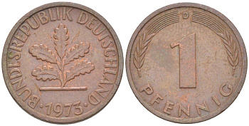ФРГ 1 ПФЕННИГ 1973 D KM 105, J. 380 сталь плакированная медью 4181-569