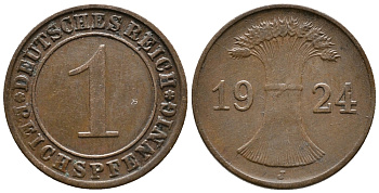 ГЕРМАНИЯ 1 РЕЙХСПФЕННИГ 1924 J KM 37, J. 313 бронза 39-843