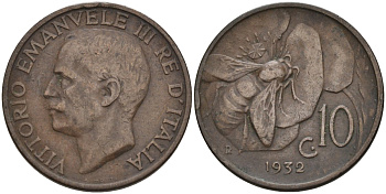 Италия 10 чентезимо 1932 R, пчела, Виктор Эммануил (1900-1946) KM 60 медь 4116-1252