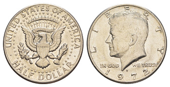 США 1/2 доллара (50 центов) 1972 D, Джон Кеннеди KM 202b медь плакированная медно-никелем aUNC 189-522