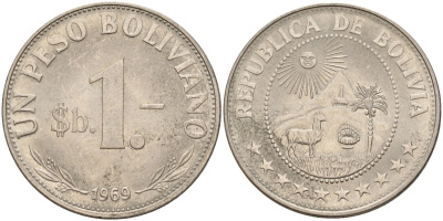 Боливия 1 песо 1969 KM 192 сталь плакированная никелем 00-00