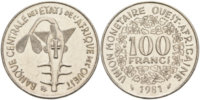 Валютное сообщество стран Западной Африки 100 франков 1981  KM 4 никель 4595-811