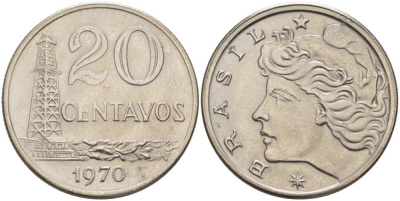 Бразилия 20 сентаво 1970 голова Свободы влево KM 579.2, Schon 84a медно-никель 4514-652
