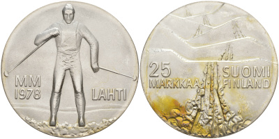 Финляндия 25 марок 1978 K-N, 21 Чемпионат мира по лыжным видам спорта 1978 в Лахти KM 56 серебро UNC 1523-645