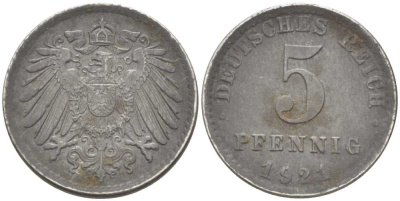 Германия 5 пфеннигов 1921 A KM 19, J. 297, Weege 5 железо 206-742