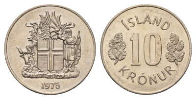 Исландия 10 крон 1975 KM 15 медно-никель UNC 4586-945
