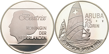 Аруба 25 флоринов 1992 XXV Олимпийские игры в Барселоне, виндсерфинг KM 10 серебро PROOF 01-167-41