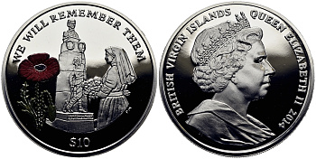 Британские Виргинские острова 10 долларов 2014 в память героев первой мировой войны, памятник, красный мак KM NEW серебро, эмаль  PROOF 1071-1-32